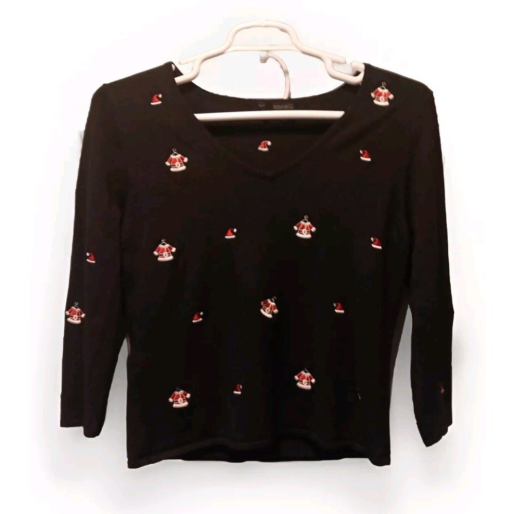 Classy Sexy Black Sweater Womens Baby Santa Claus Accents Stretchy Retro Y2K